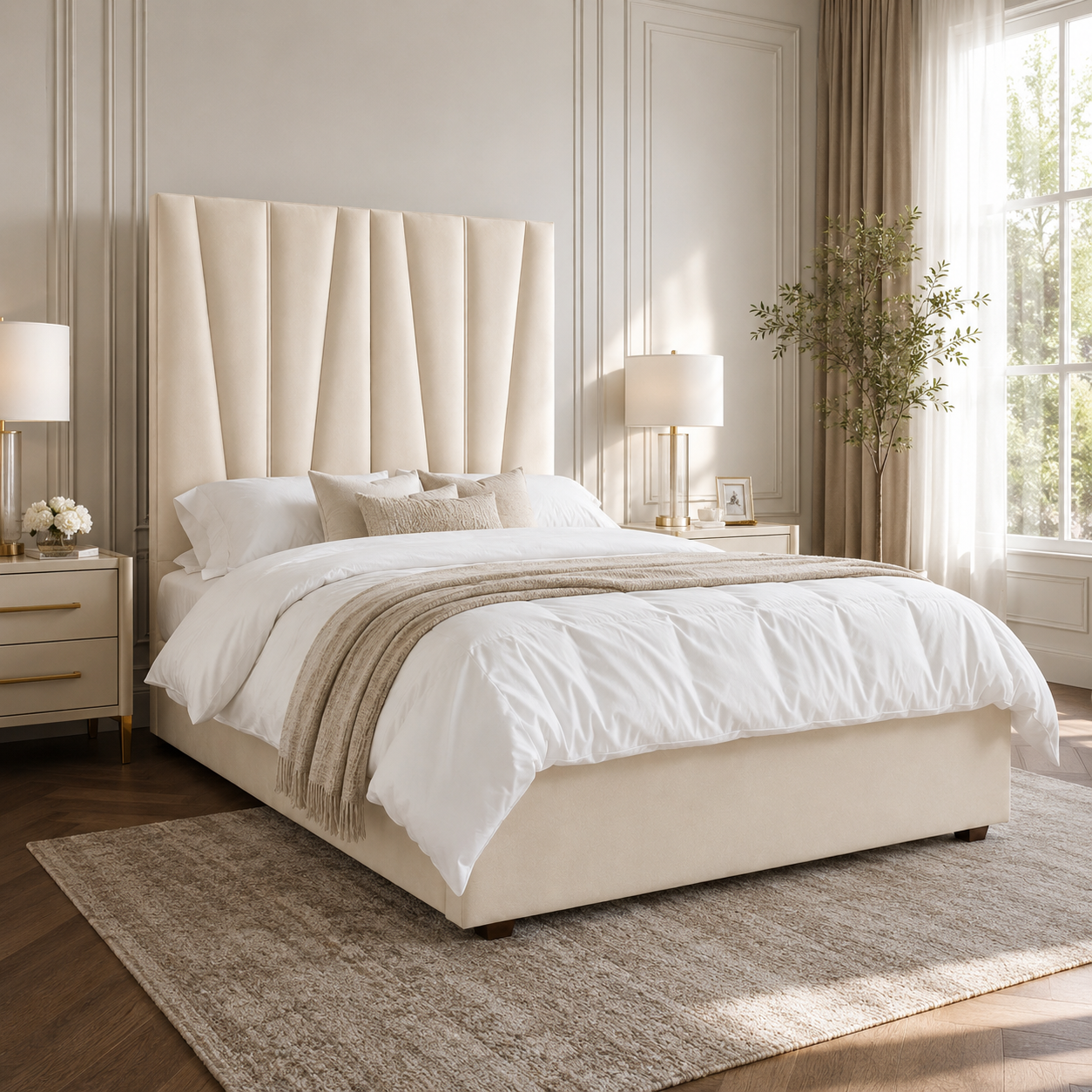 Luxury beige upholstered bed with tufted headboard, white linens, and bedside lamps in elegant bedroom
