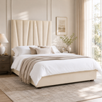 Luxury beige upholstered bed with tufted headboard in modern bedroom, white bedding and natural light