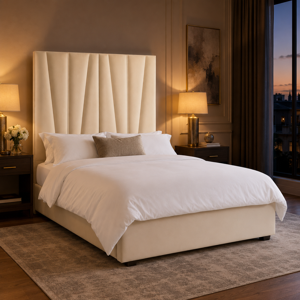 Luxury beige upholstered bed with tufted headboard, white linens, and bedside lamps in modern bedroom