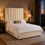 Luxury beige upholstered bed with tufted headboard, white linens, and bedside lamps in modern bedroom