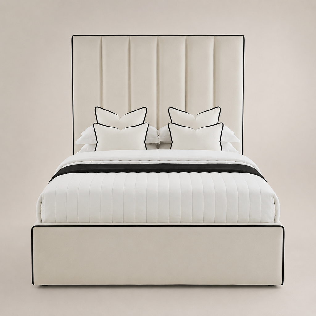 Luxury cream upholstered bed with black piping, white quilted bedding, and matching pillows for modern bedrooms