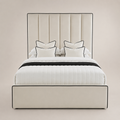 Luxury cream upholstered bed with black piping, white quilted bedding, and matching pillows for modern bedrooms