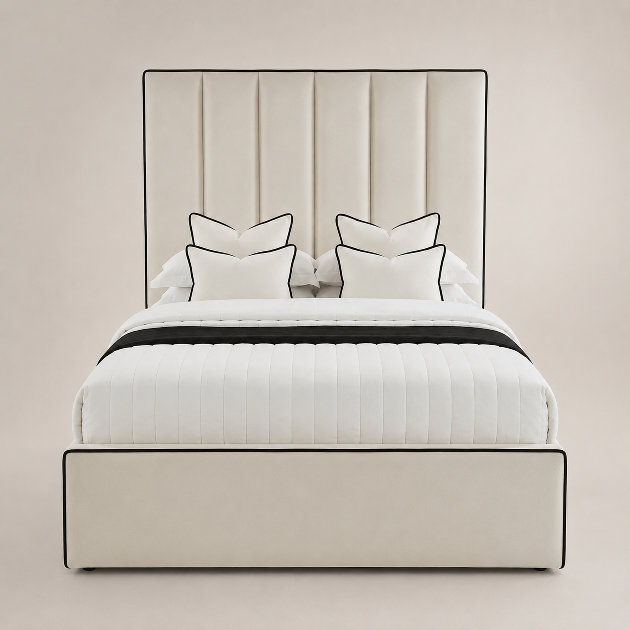 Luxury cream upholstered bed with black piping, white quilted bedding, and matching pillows for modern bedrooms