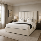 Luxury upholstered bed with tufted headboard, white bedding, and black trim in modern bedroom