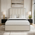 Luxury cream upholstered bed with black trim, white bedding, and modern nightstands in elegant bedroom