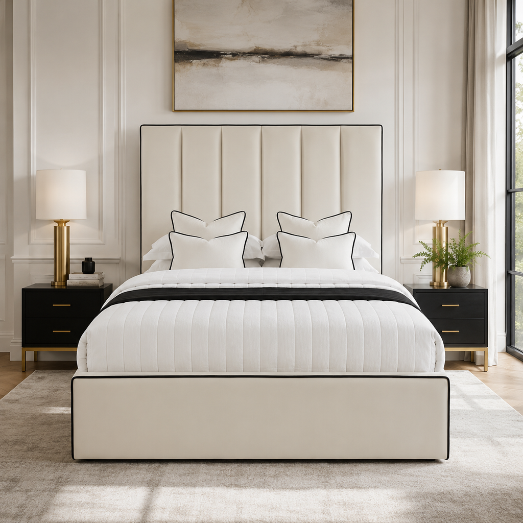 Luxury cream upholstered bed with black trim, white bedding, and modern nightstands in elegant bedroom