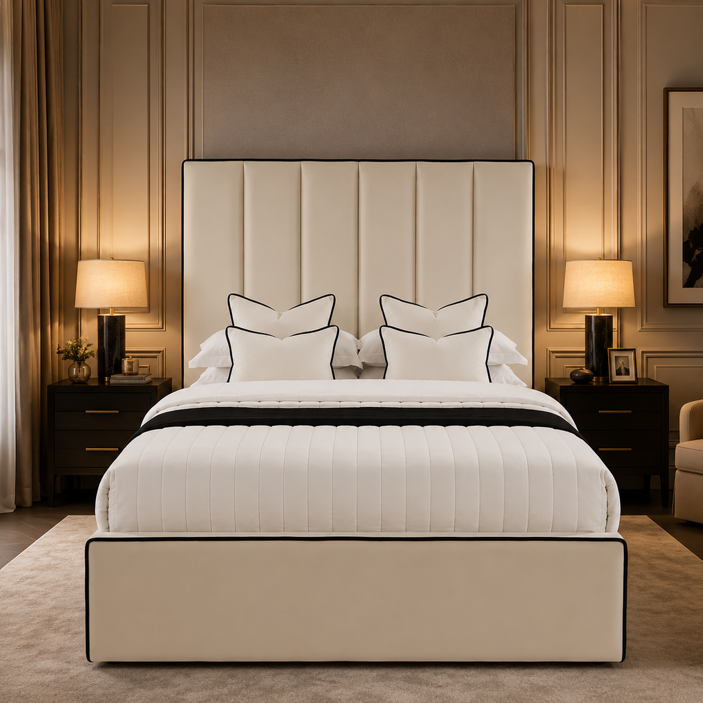 Luxury cream upholstered bed with tufted headboard, white bedding, and black trim in elegant bedroom
