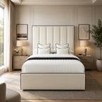 Luxury cream upholstered bed with black trim, styled in modern bedroom with nightstands and lamps