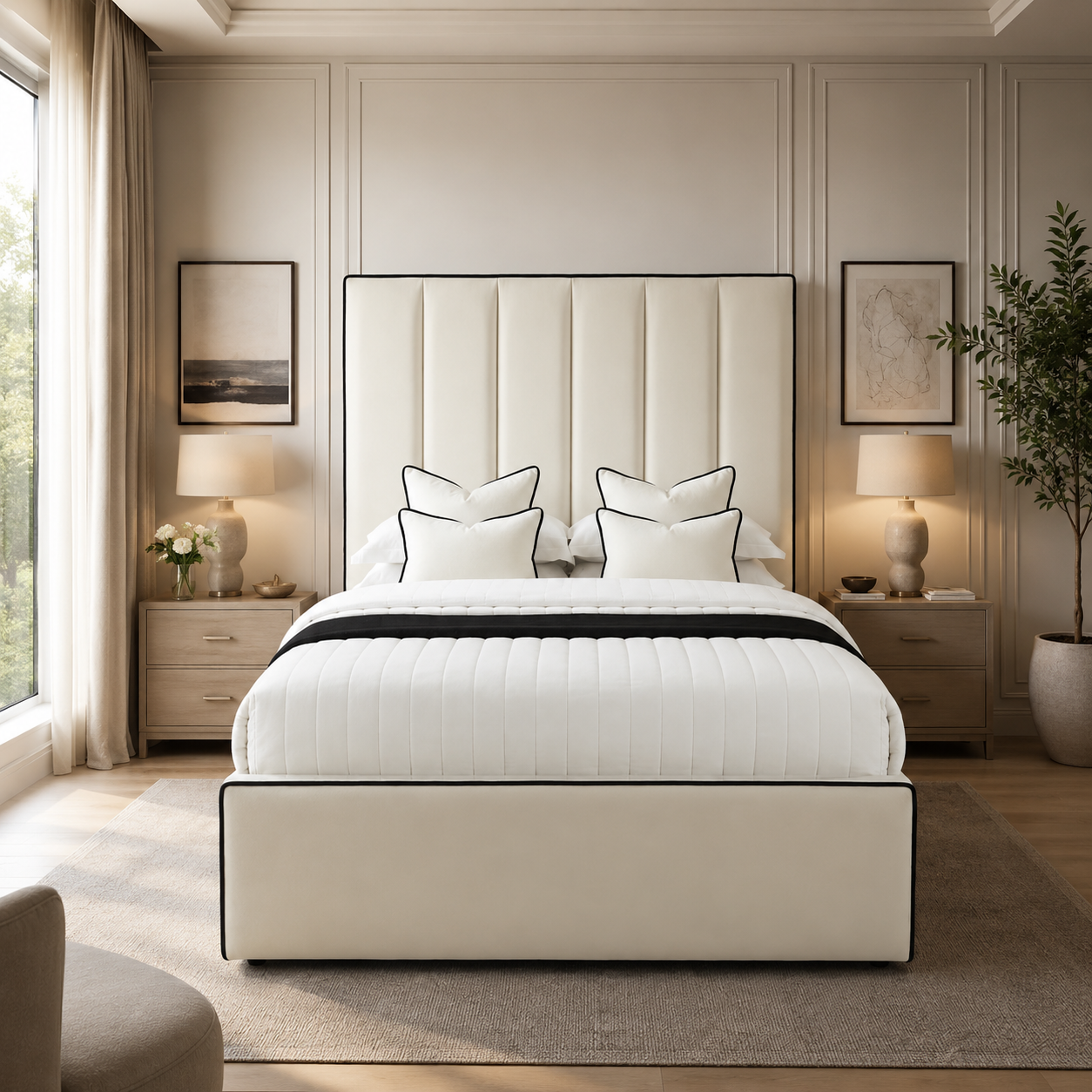 Luxury cream upholstered bed with black trim, styled in modern bedroom with nightstands and lamps