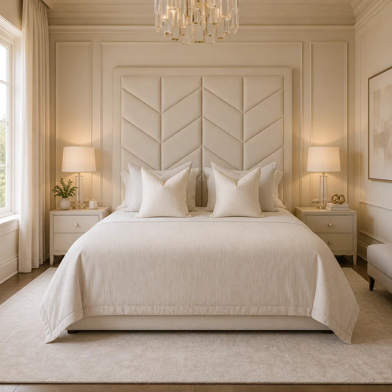 Luxury beige bed with chevron headboard, matching nightstands, and elegant chandelier in serene bedroom