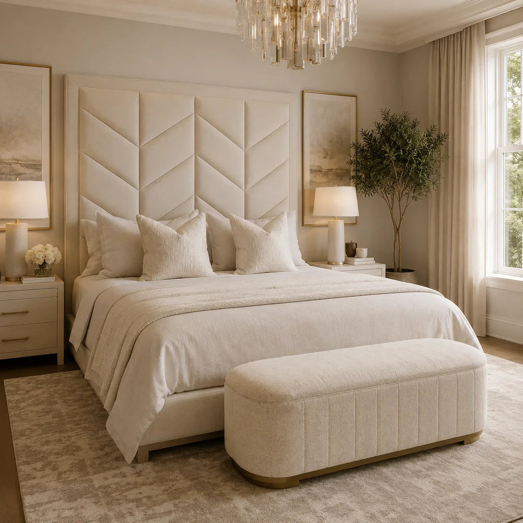 Luxury upholstered bed with chevron headboard, matching ottoman, and elegant bedroom decor