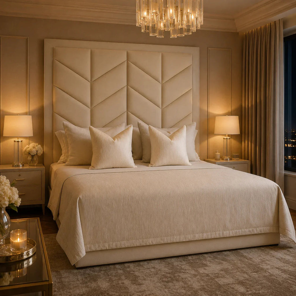 Luxury beige bed with chevron tufted headboard, plush pillows, and elegant bedside lamps in a warm, upscale bedroom.