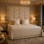 Luxury beige bed with chevron headboard, plush pillows, and ambient lighting in elegant bedroom