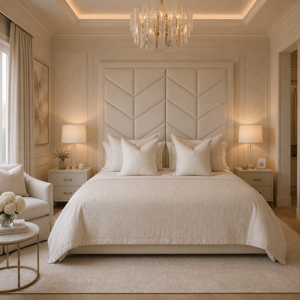 Luxury bedroom with beige upholstered bed, chevron headboard, and modern chandelier