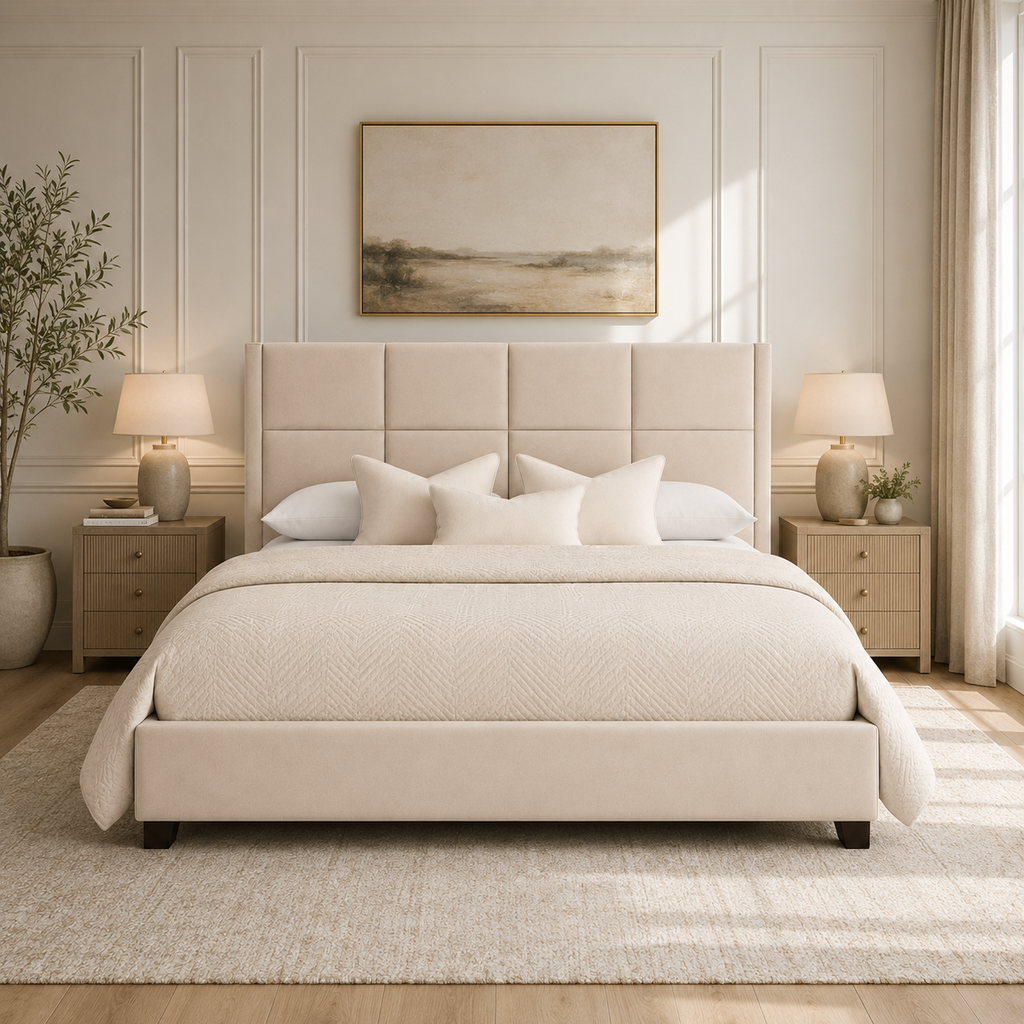 Luxury beige upholstered bed with tufted headboard in modern bedroom, matching nightstands and soft lighting