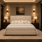 Luxury upholstered bed with tufted headboard in modern bedroom, neutral tones, ambient lighting