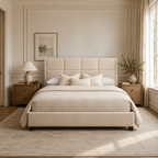 Luxury beige upholstered bed with tufted headboard in elegant bedroom, perfect for modern comfort