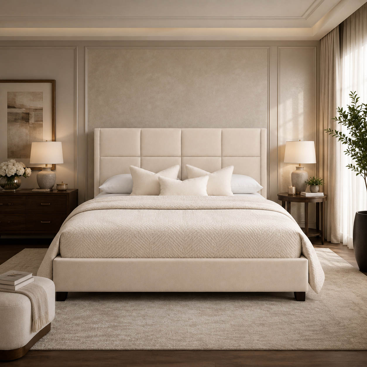 Luxury beige upholstered bed with tufted headboard in modern bedroom, perfect for UK home interiors
