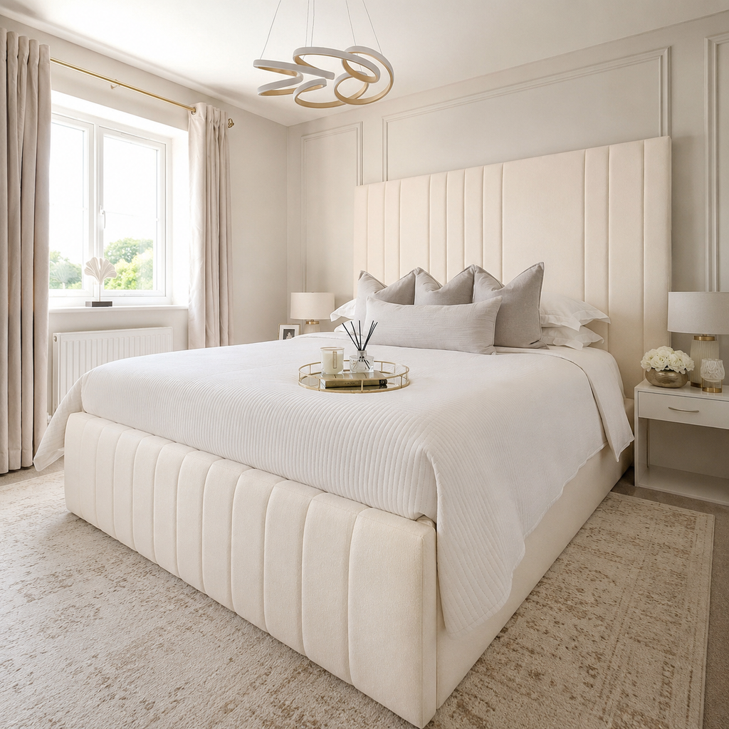 Luxury upholstered bed with tufted headboard and white bedding in elegant bedroom