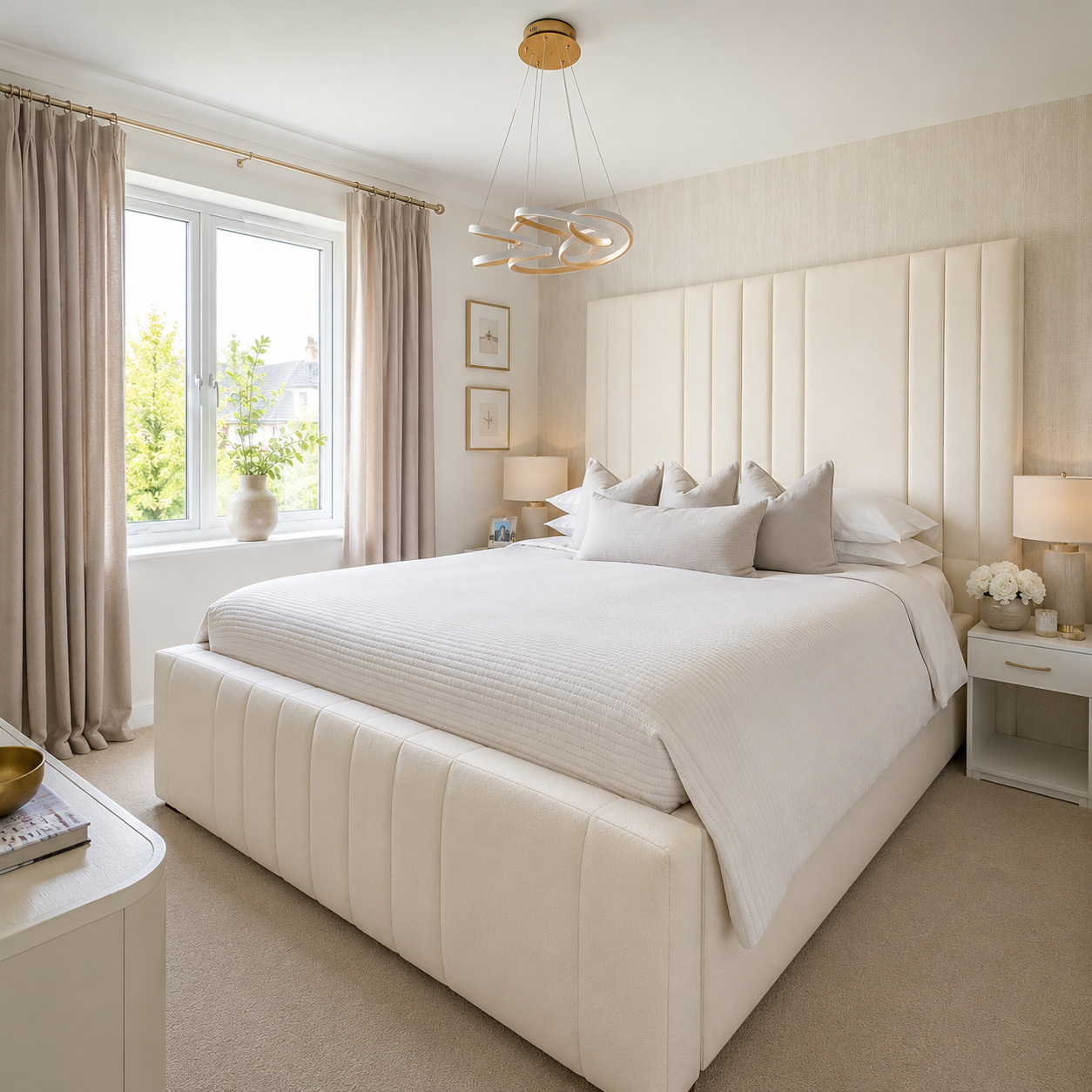 Luxury cream upholstered bed with tufted headboard in modern bedroom, white bedding, gold lighting