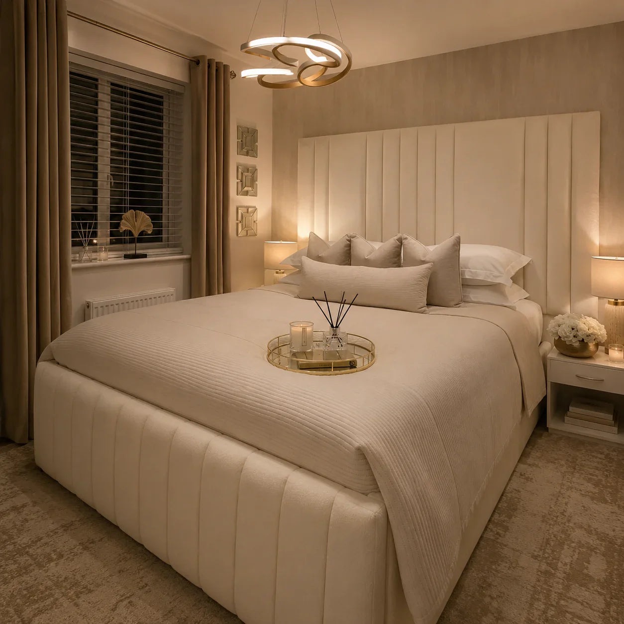 Luxury upholstered bed with tufted headboard in cozy bedroom, soft lighting, neutral tones