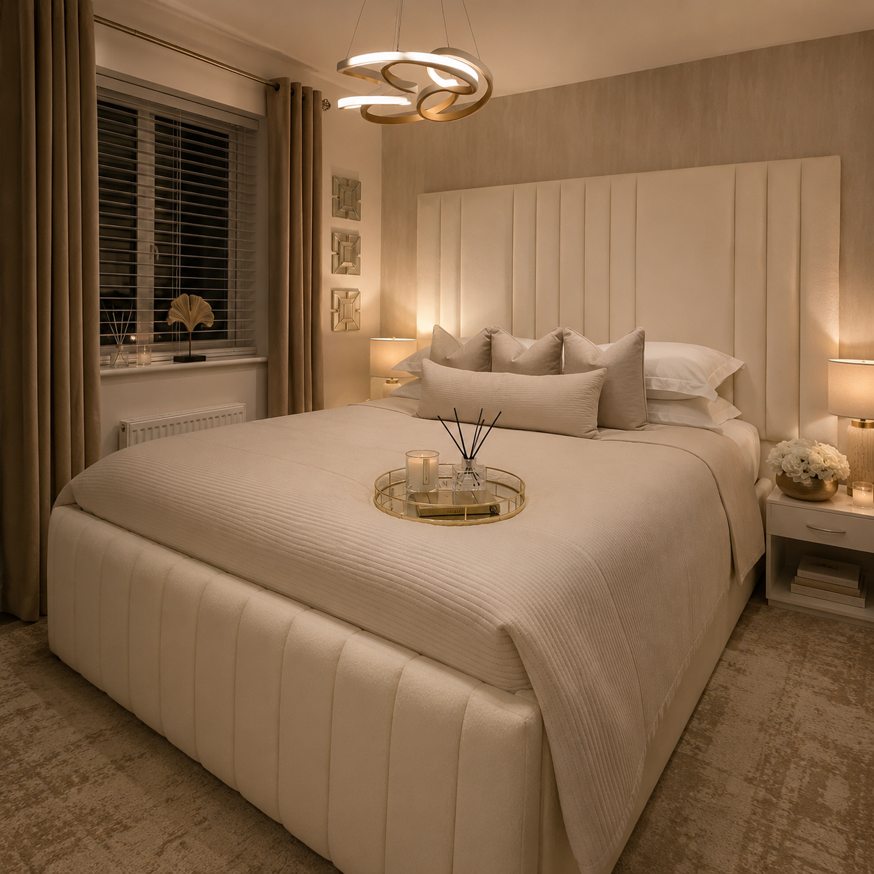 Luxury upholstered bed with tufted headboard and ambient lighting in modern bedroom