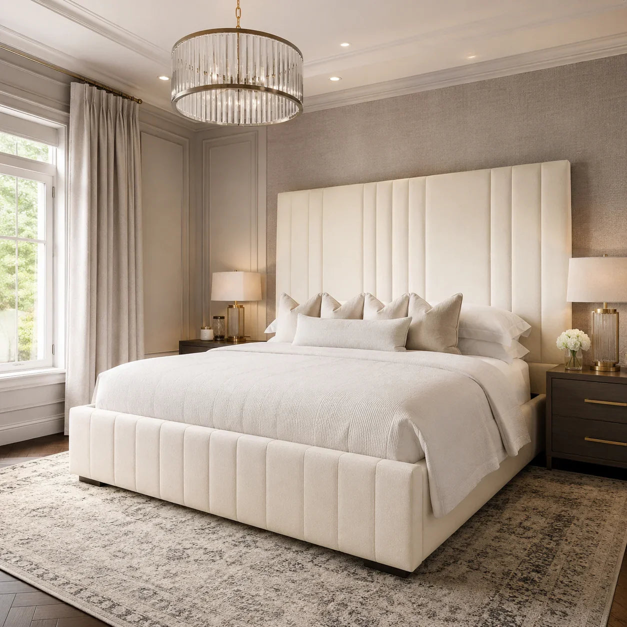 Luxury upholstered bed with tufted headboard in elegant bedroom, perfect for UK home interiors