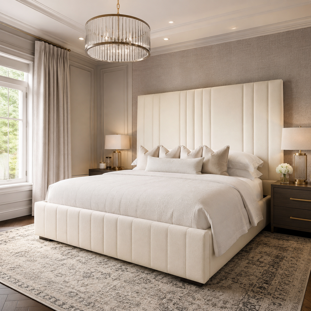 Luxury upholstered bed with tufted headboard in elegant bedroom, perfect for modern home interiors