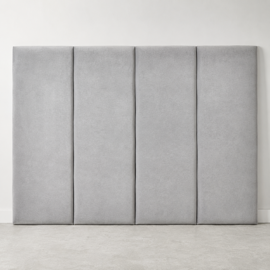 Modern grey upholstered headboard with four panel design for luxury bedroom furniture