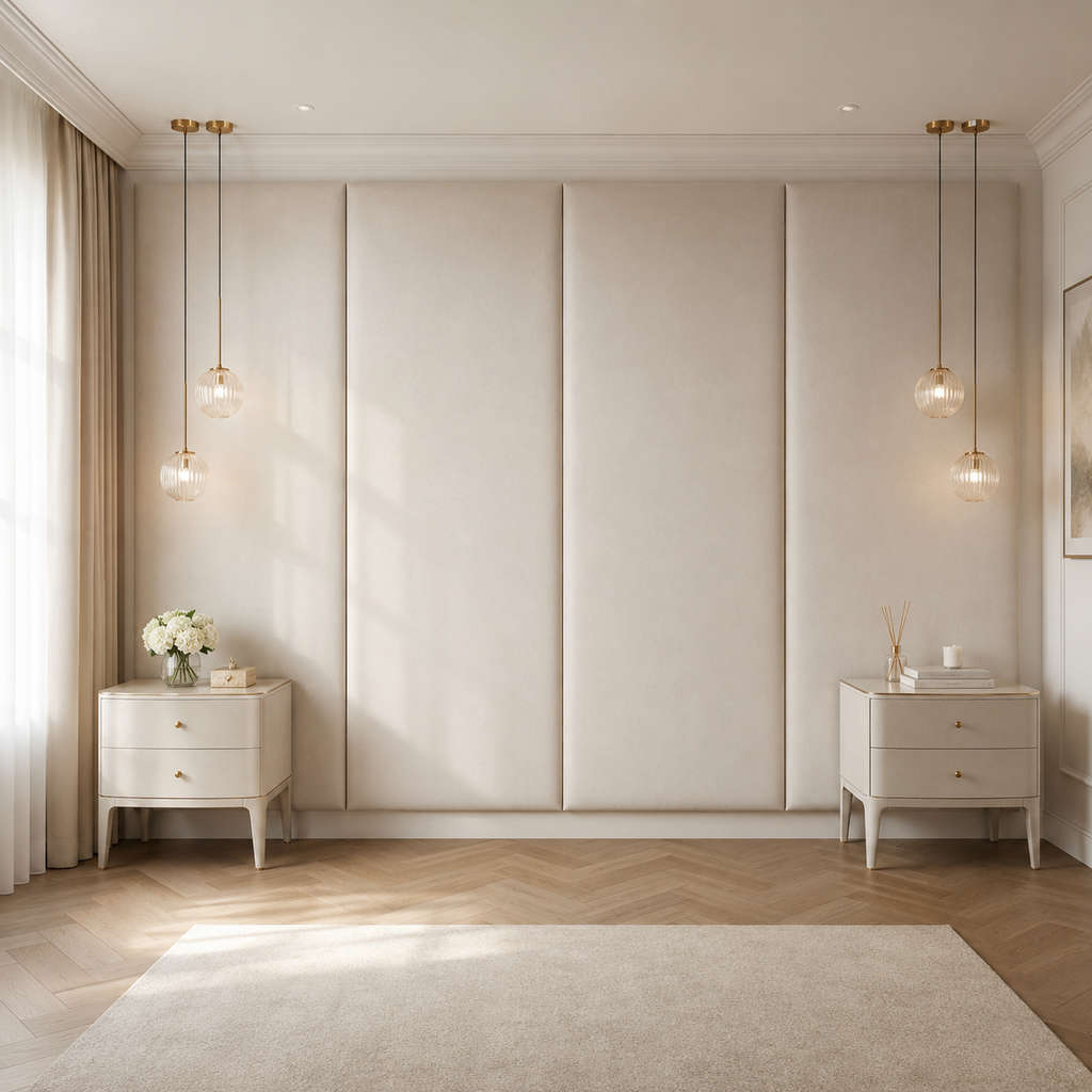 Luxury bedroom with beige upholstered headboard, matching nightstands, pendant lights, and herringbone wood floor
