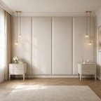 Luxury bedroom with beige upholstered headboard, matching nightstands, pendant lights, and herringbone wood floor