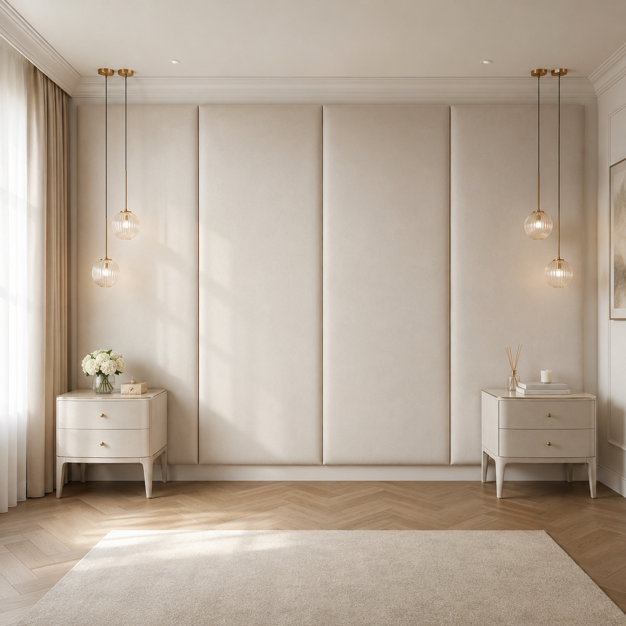 Luxury bedroom with beige upholstered headboard, matching nightstands, pendant lights, and herringbone wood floor