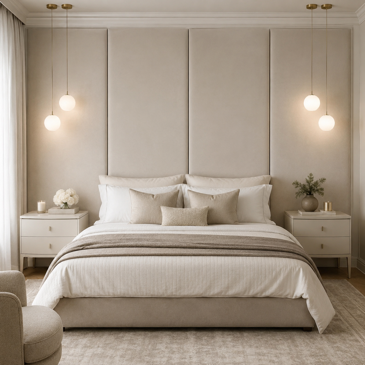 Luxury beige upholstered bed with modern pendant lights and matching nightstands in neutral bedroom