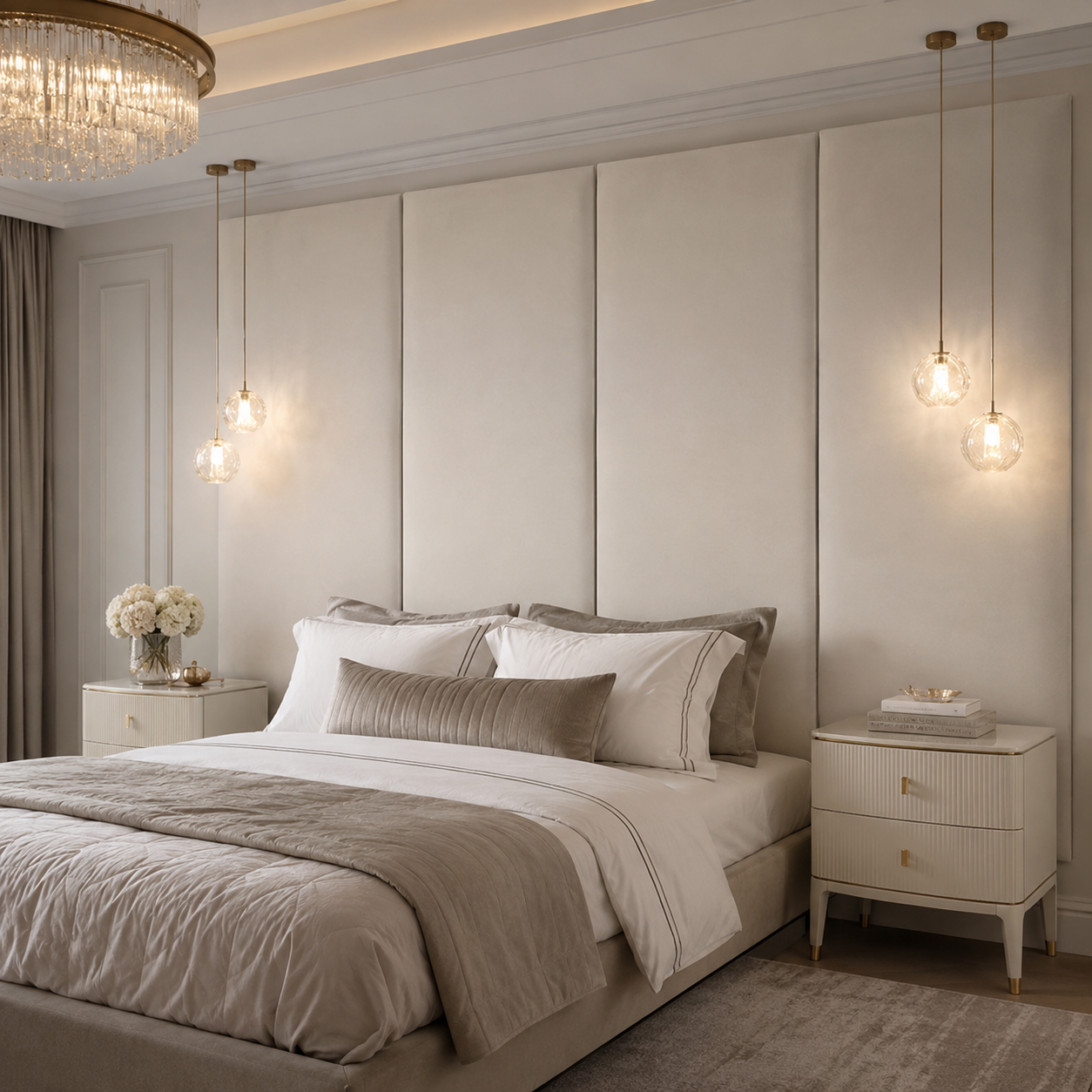 Luxury upholstered bed with velvet bedding, modern nightstands, and crystal chandelier in neutral bedroom
