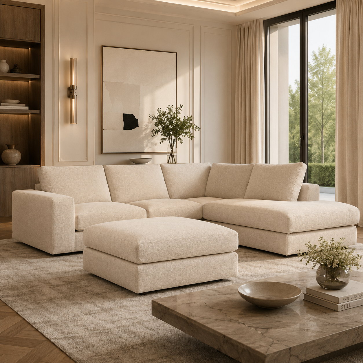 Luxury beige sectional sofa with chaise in modern living room, perfect for UK homes