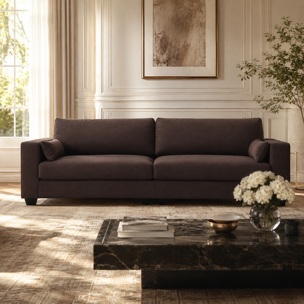 Luxury dark brown fabric sofa in elegant living room with marble coffee table and natural light