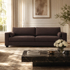 Luxury dark brown fabric sofa in elegant living room with marble coffee table and natural light