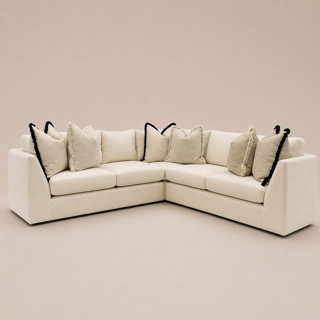 Luxury cream corner sofa with black trim pillows, modern sectional for living room comfort