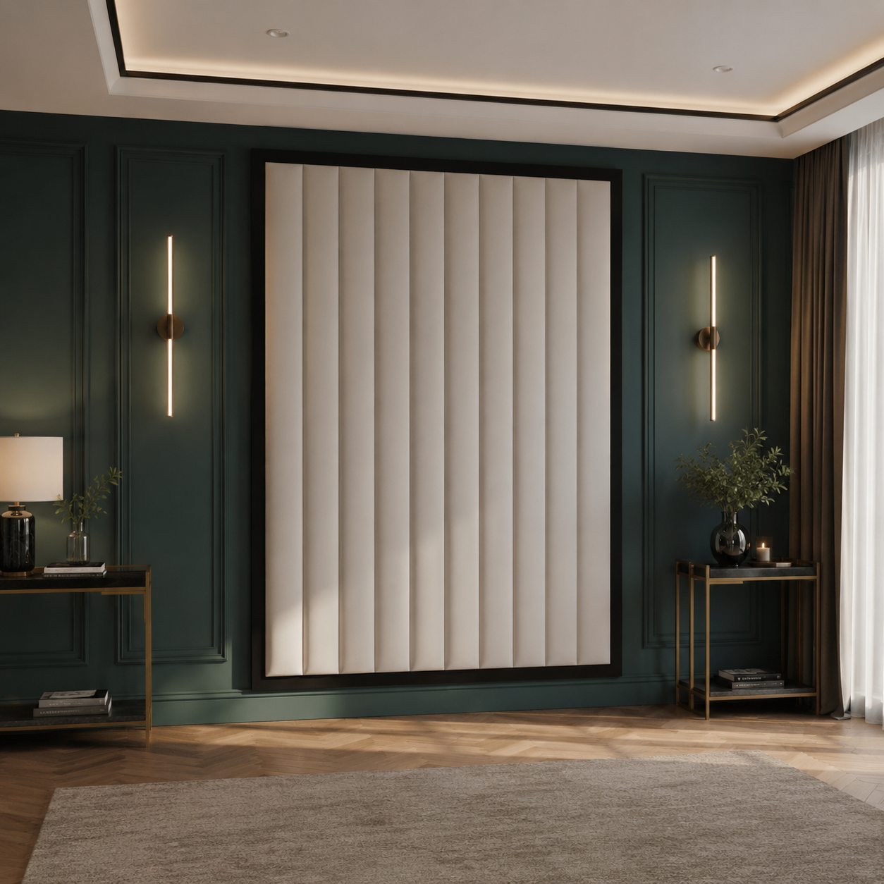 Luxury living room with dark green paneled walls, modern wall art, and ambient lighting