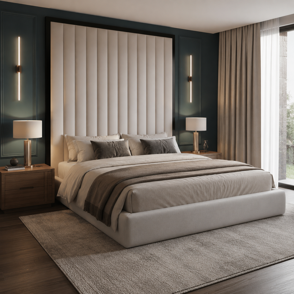 Luxury upholstered bed with tall tufted headboard, modern bedside lamps, and dark accent wall in stylish bedroom