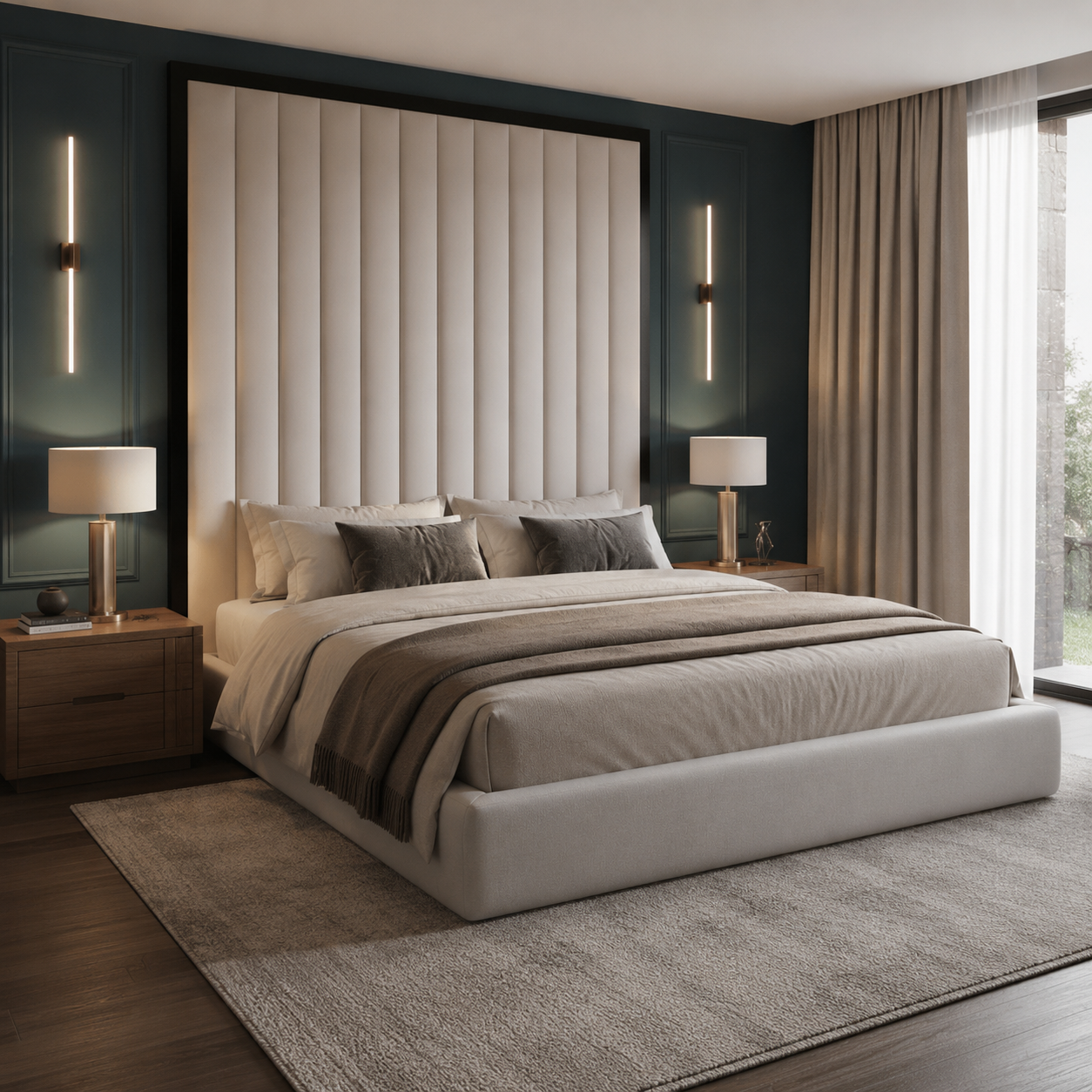 Luxury upholstered bed with tall tufted headboard, modern bedside lamps, and dark accent wall in stylish bedroom