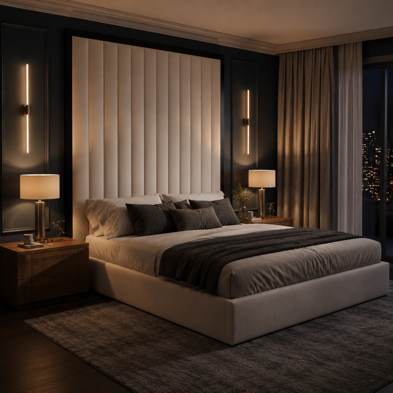 Luxury upholstered bed with tufted headboard in modern bedroom, ambient lighting, city view at night