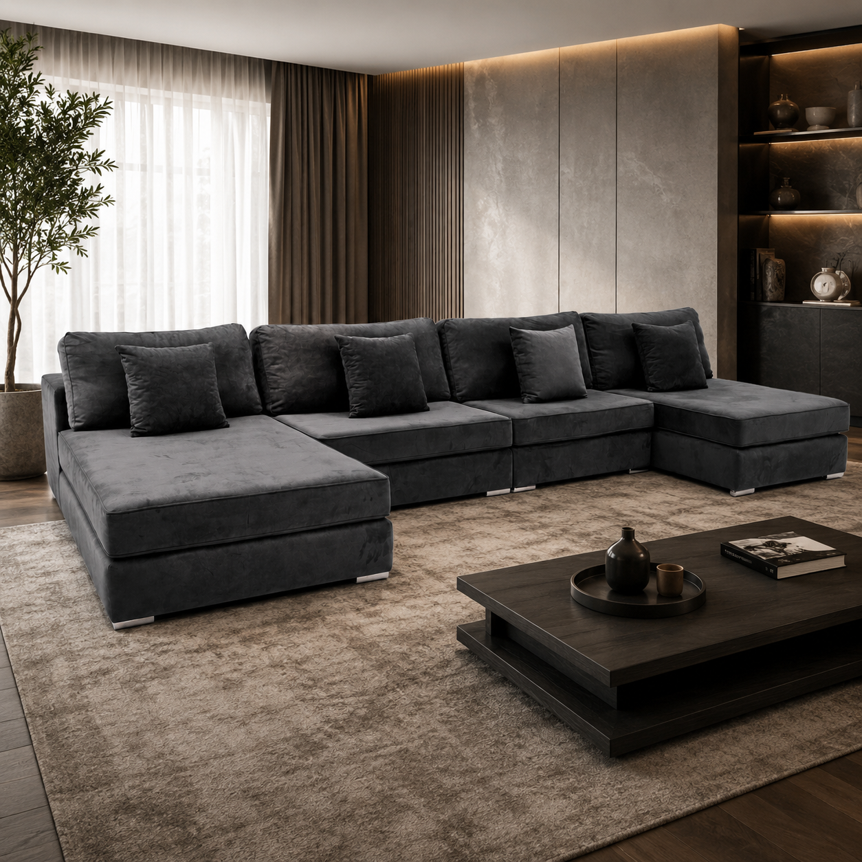 Luxury dark grey sectional sofa in modern living room with ambient lighting and wooden coffee table