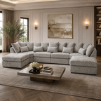 Luxury grey sectional sofa with chaise lounges in elegant living room, perfect for modern home interiors.