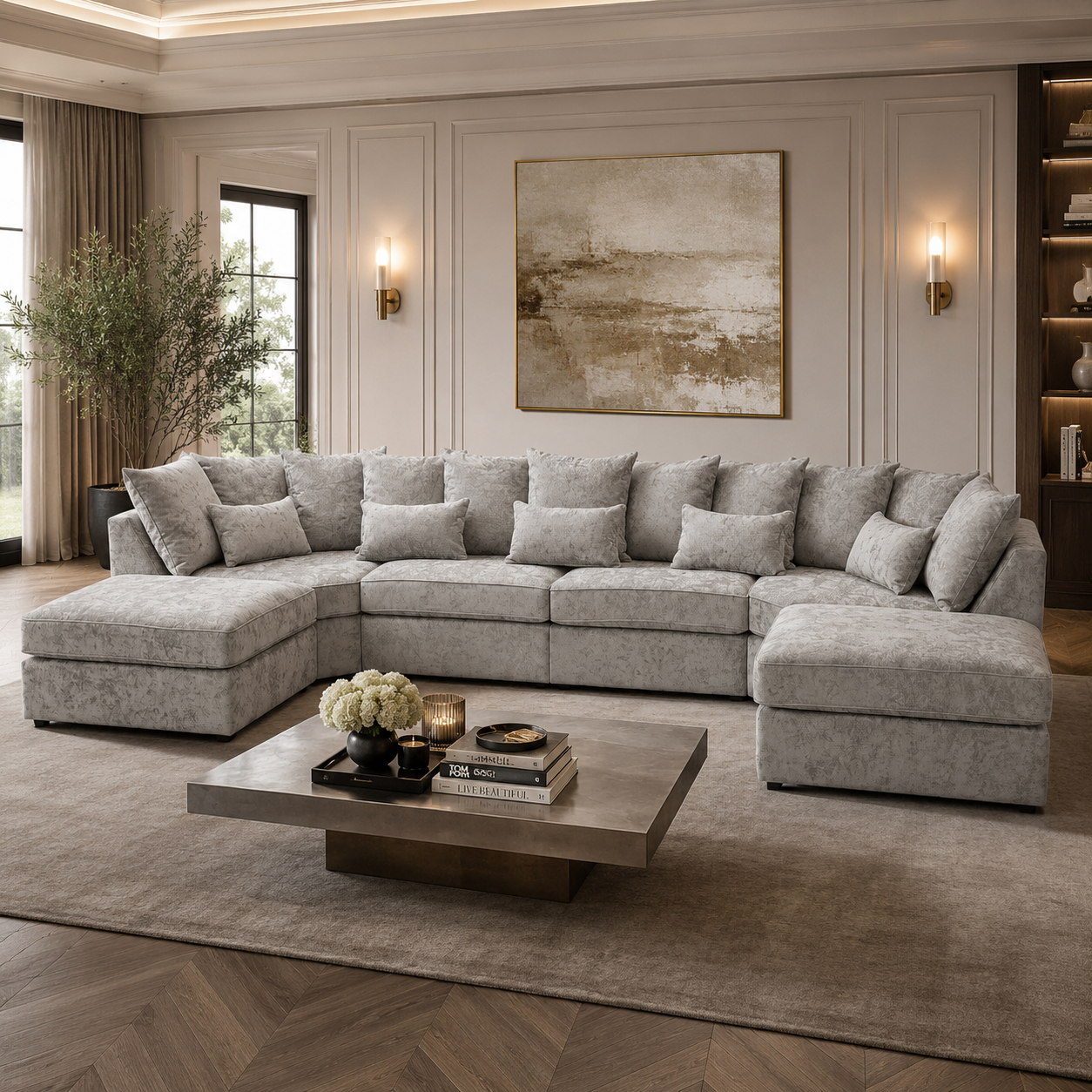 Luxury grey sectional sofa with chaise lounges in elegant living room, perfect for modern home interiors.