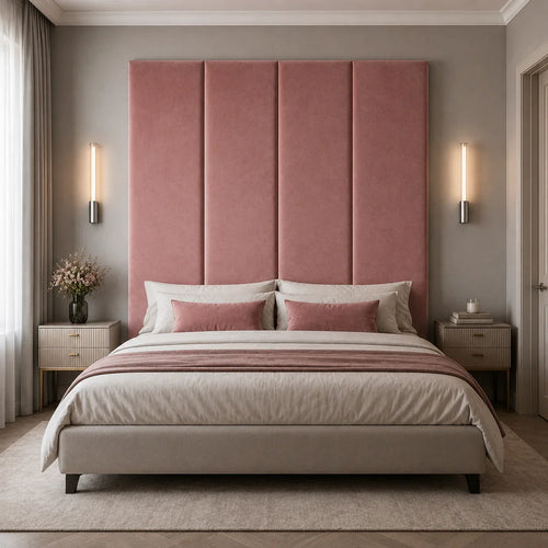 Luxury pink velvet upholstered bed with tall panel headboard, modern bedside tables, and ambient wall sconces