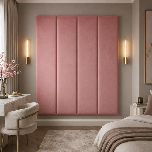 Pink velvet upholstered headboard with panel design in modern bedroom, luxury bed frame accent
