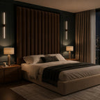 Luxury upholstered bed with velvet headboard, modern bedside lamps, and dark accent wall for contemporary bedroom