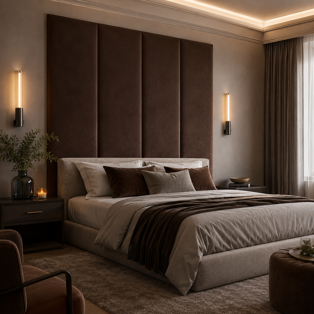 Chocolate Brown Velvet Upholstered Headboard Wall Panel – 45cm Wide