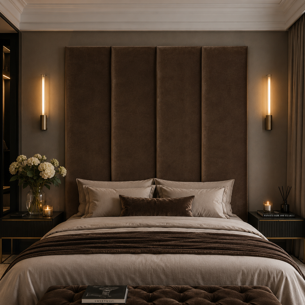 Chocolate Brown Velvet Upholstered Headboard Wall Panel – 45cm Wide